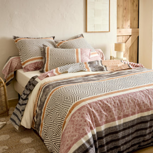 Parure de lit 3 pièces coton motif géométrique housse + taies - Noir