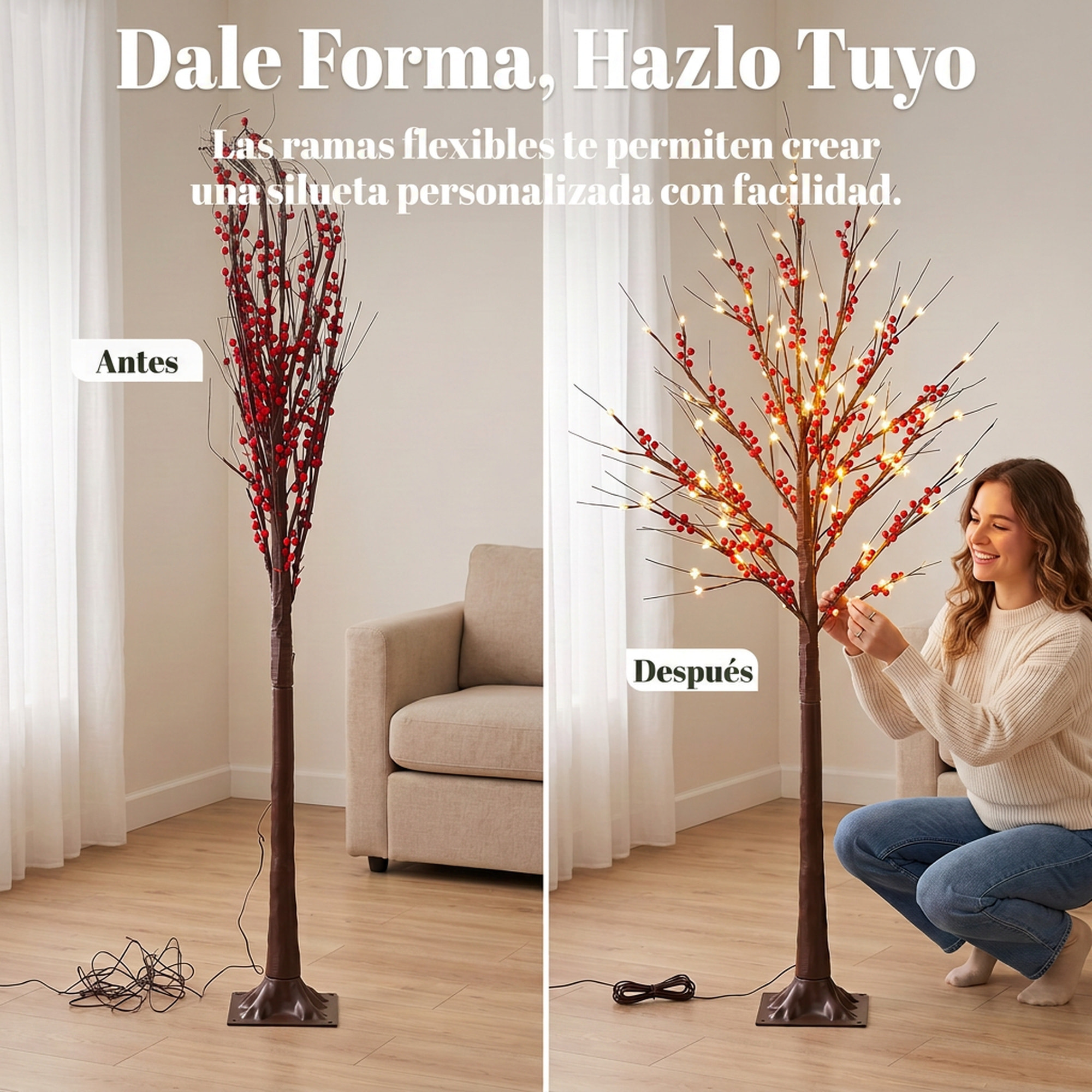 Árbol de Abedul Artificial 150 cm, Lámpara de Árbol con 96 Luces LED Blanco Cálido, Bayas Rojas, Temporizador y 12 Ramas Flexibles, Decoración Navideña para Interior y Exterior Cubierto, Marrón