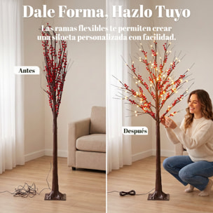 Árbol de Abedul Artificial 150 cm, Lámpara de Árbol con 96 Luces LED Blanco Cálido, Bayas Rojas, Temporizador y 12 Ramas Flexibles, Decoración Navideña para Interior y Exterior Cubierto, Marrón