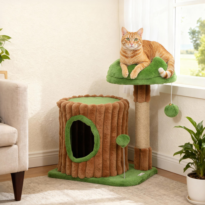 Árbol Rascador para Gatos, Árbol para Gatos 53 cm, Diseño de Tronco, Torre Escalador con Casita, Cama, Poste de Yute, Bolas Colgantes, Marrón y Verde
