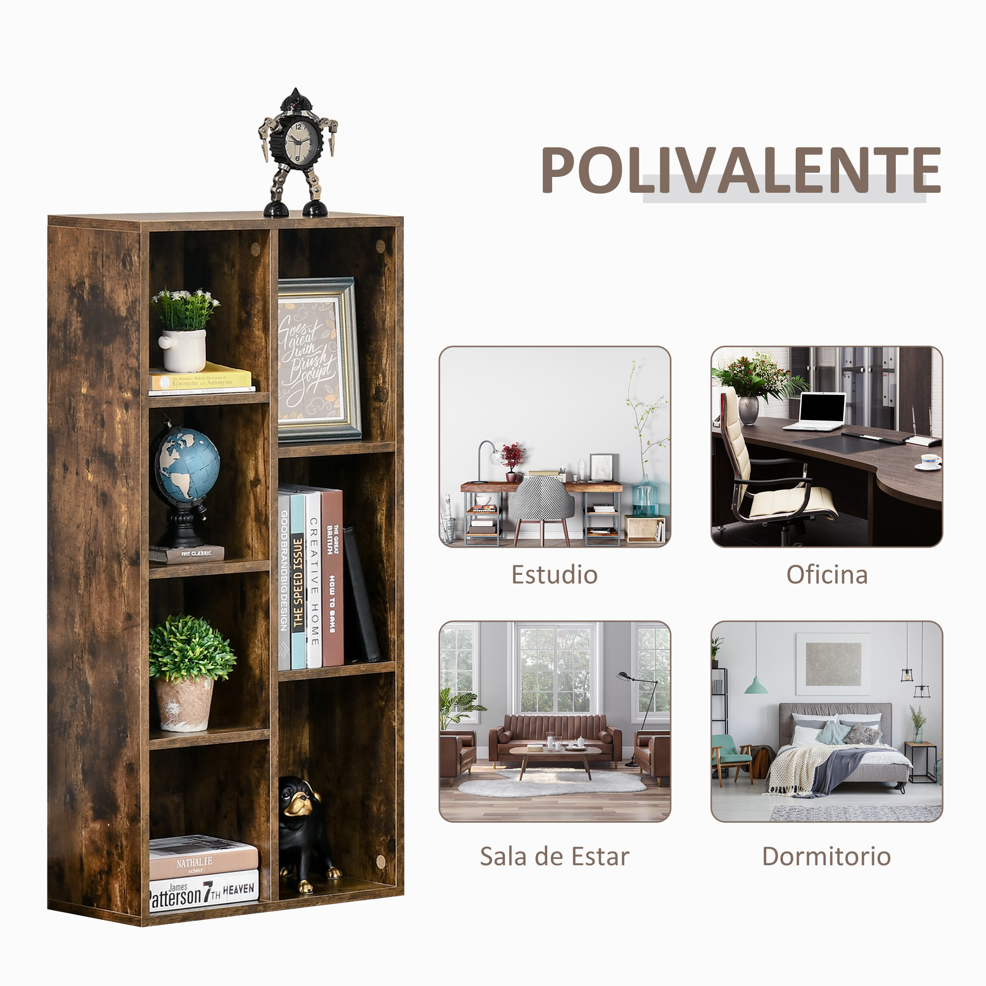 Estantería para Libros Librería de Madera con 7 Compartimentos de Almacenaje Plantas Archivos para Sala de Estar Dormitorio Oficina 50x24x106 cm Marrón Rústico