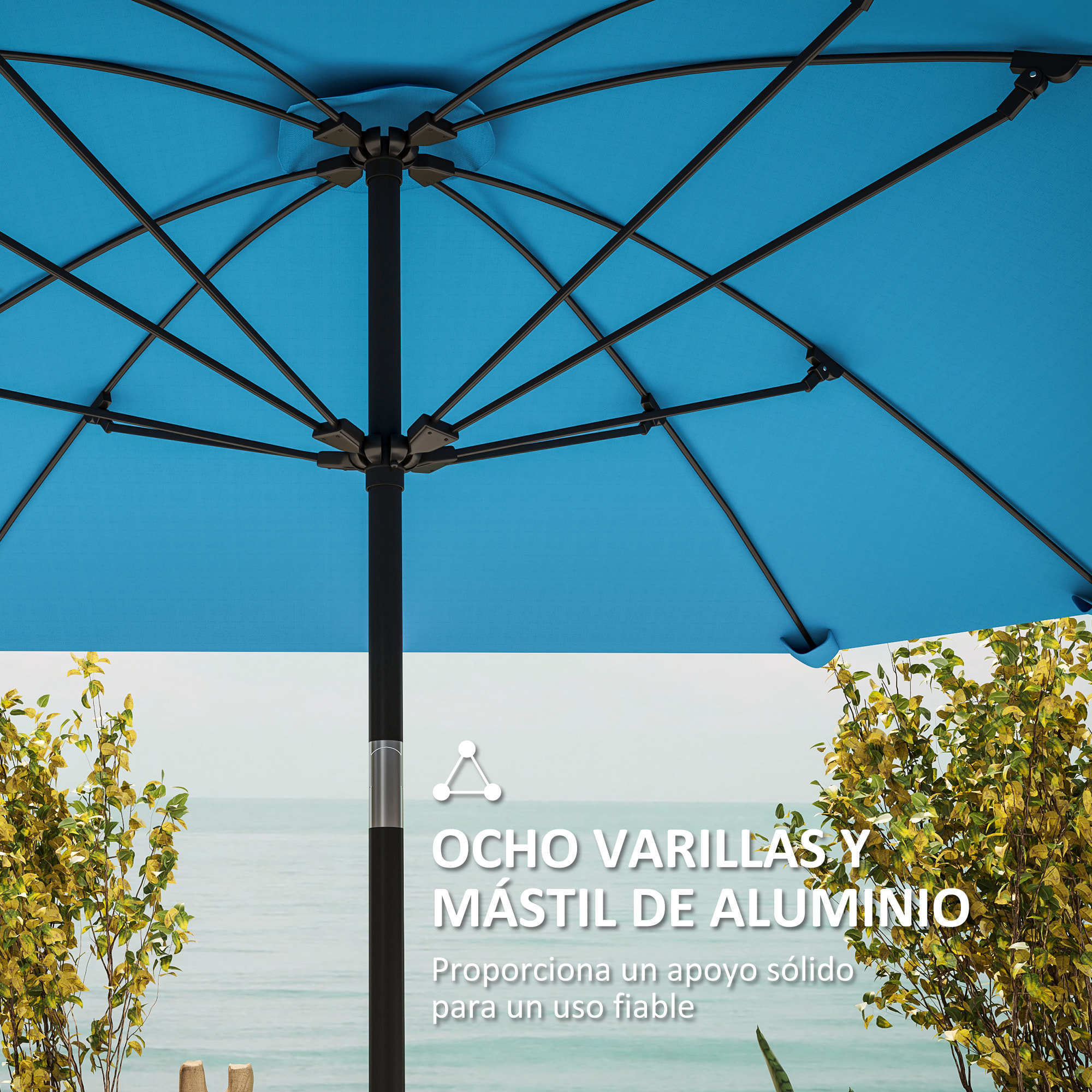 Sombrilla Terraza Exterior 233x233 cm Sombrilla de Jardín con Ángulo Ajustable Impermeable Poste de Aluminio Varillas de Fibra de Vidrio y Manivela Parasol para Patio Terraza Azul