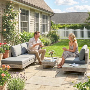 Conjunto de Jardín de Ratán de 3 Piezas, Conjunto Terraza Resistente, Muebles Jardín Exterior Incluye Cojines, Sofá de 3 Plazas, Sofá de 2 Plazas con Mesa Lateral, Mesa Centro de Vidrio Gris