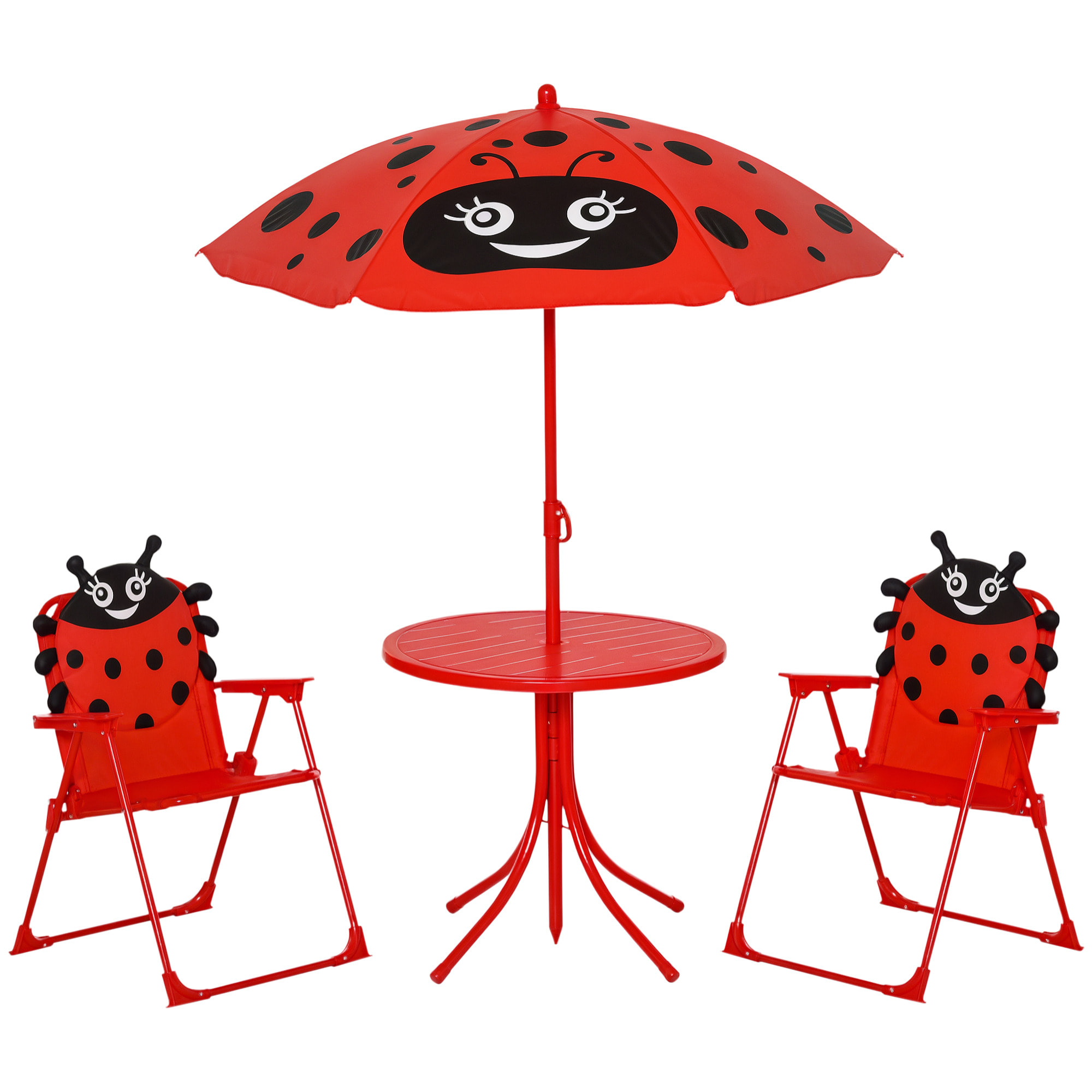 Ensemble salon de jardin enfant 4 pcs design coccinelle - table ronde + 2 chaises pliables + parasol - métal époxy oxford rouge
