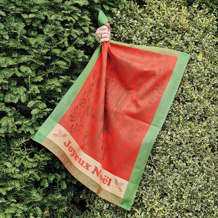 Torchon pur coton motif jacquard vert rouge Casse noisette noel rouge