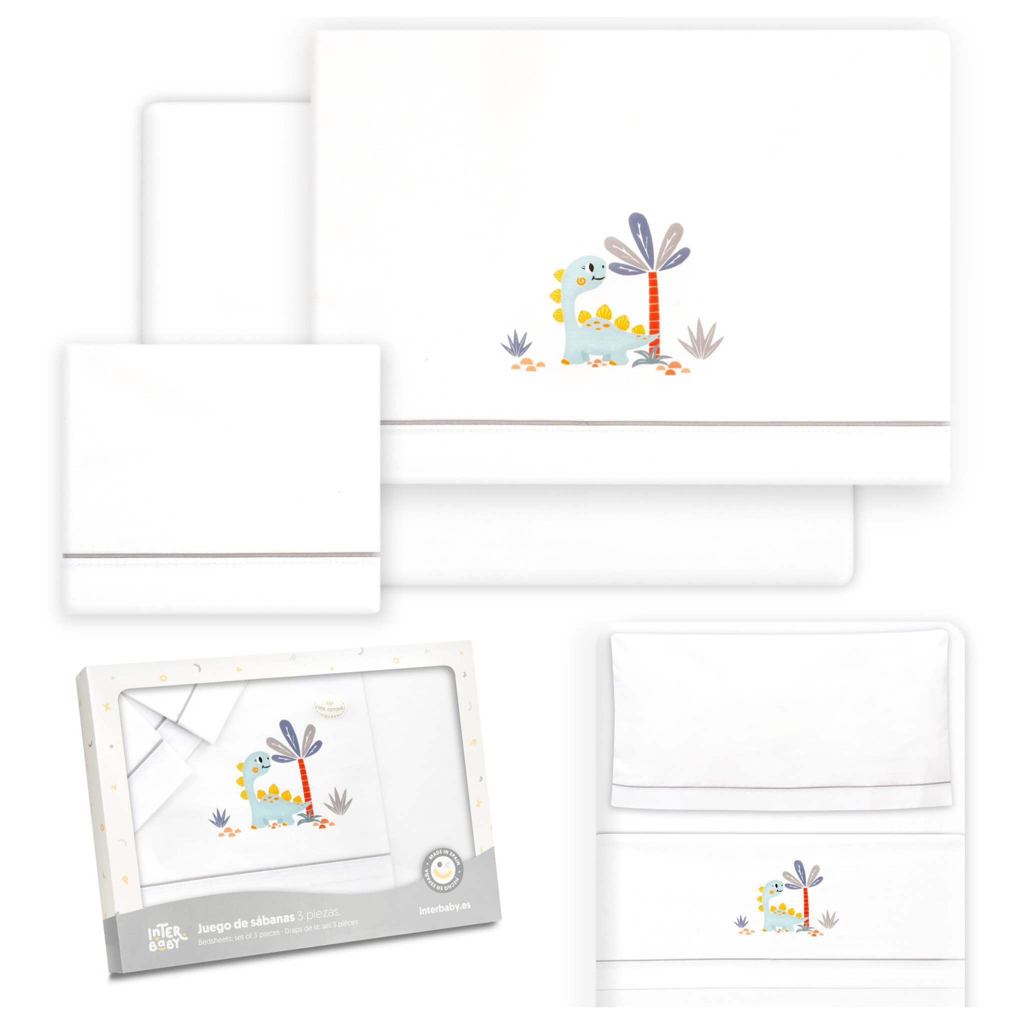 Triptico Minicuna Estampado Dinosaurio Palmera Bco/Gris