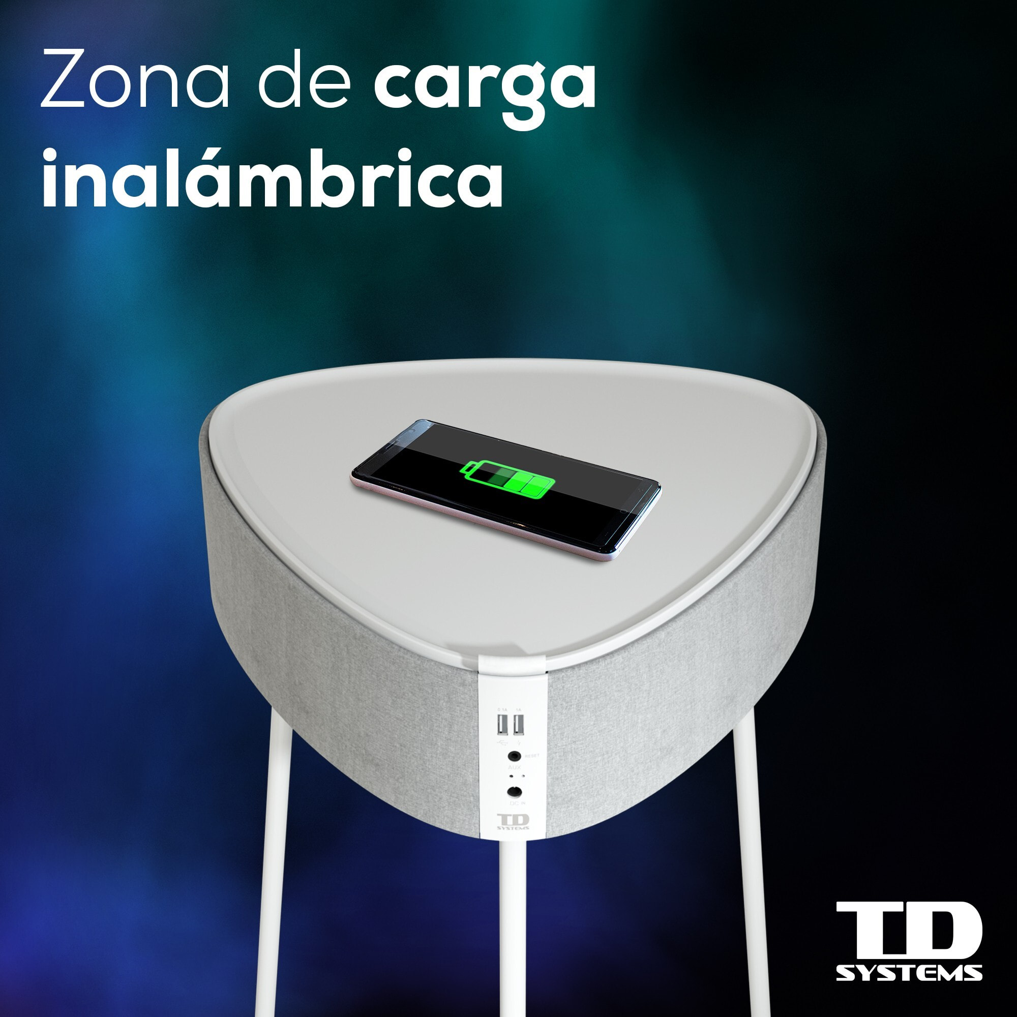 Mesa auxiliar altavoz portátil con sonido de 20W, Bluetooth, Base de carga inalámbrica, batería de 2500mAh. Mesilla o mesita para dormitorio o sala de estar - TD Systems SM20B11P