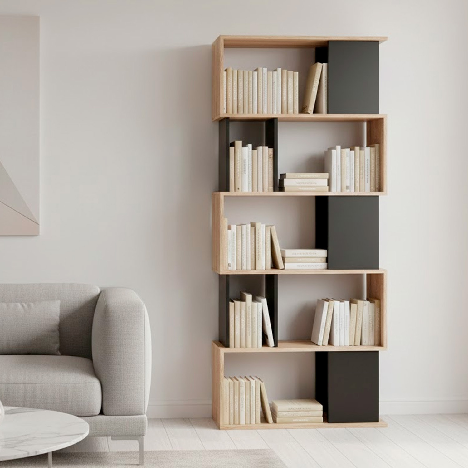 Libreria Moderna a Giorno Con Design Geometrico Asimmetrico Libreria Salvaspazio Ideale Per Soggiorno Studio E Ufficio 80x29.5x173.5 cm Rovere e Nero