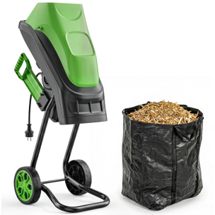 Trituradora de Ramas Eléctrica 2500W, Trituradora de Jardín con 2 Cuchillas Reversibles hasta Ø44 mm de Ramas, Bolsa de Recolección de 45L, Ruedas y Protección de Sobrecarga, Verde
