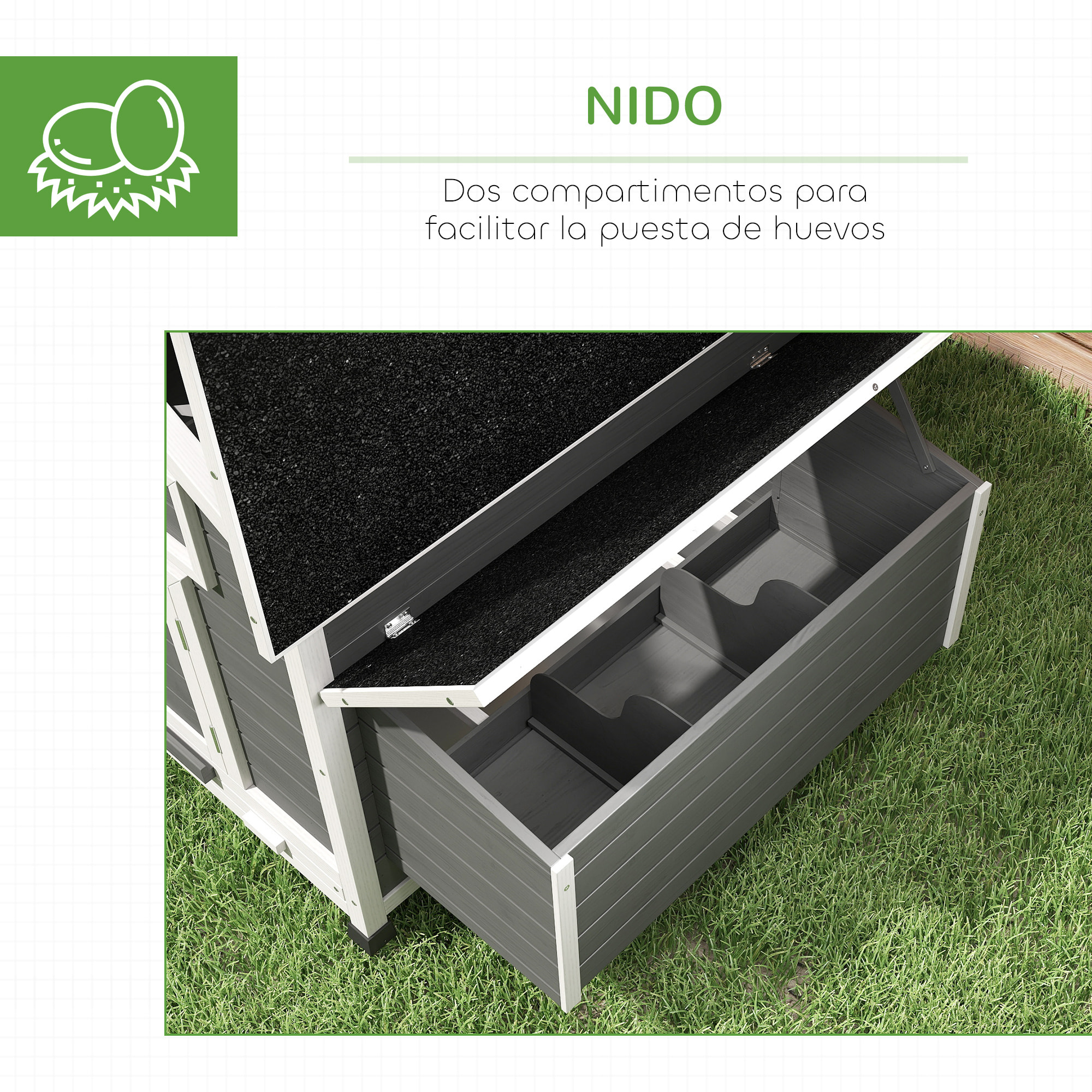 Gallinero para Exterior Gallinero de Madera para 2-4 Gallinas con 2 Nidos Bandeja Extraíble Techo Abatible 150x100x96,5 cm Gris y Blanco
