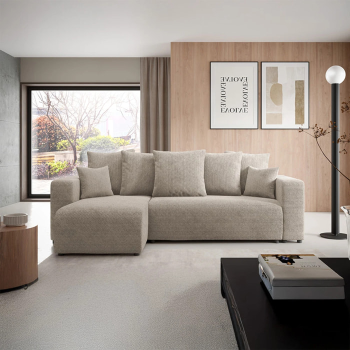 GLORIA - Canapé d'angle gauche convertible 4 places en tissu beige