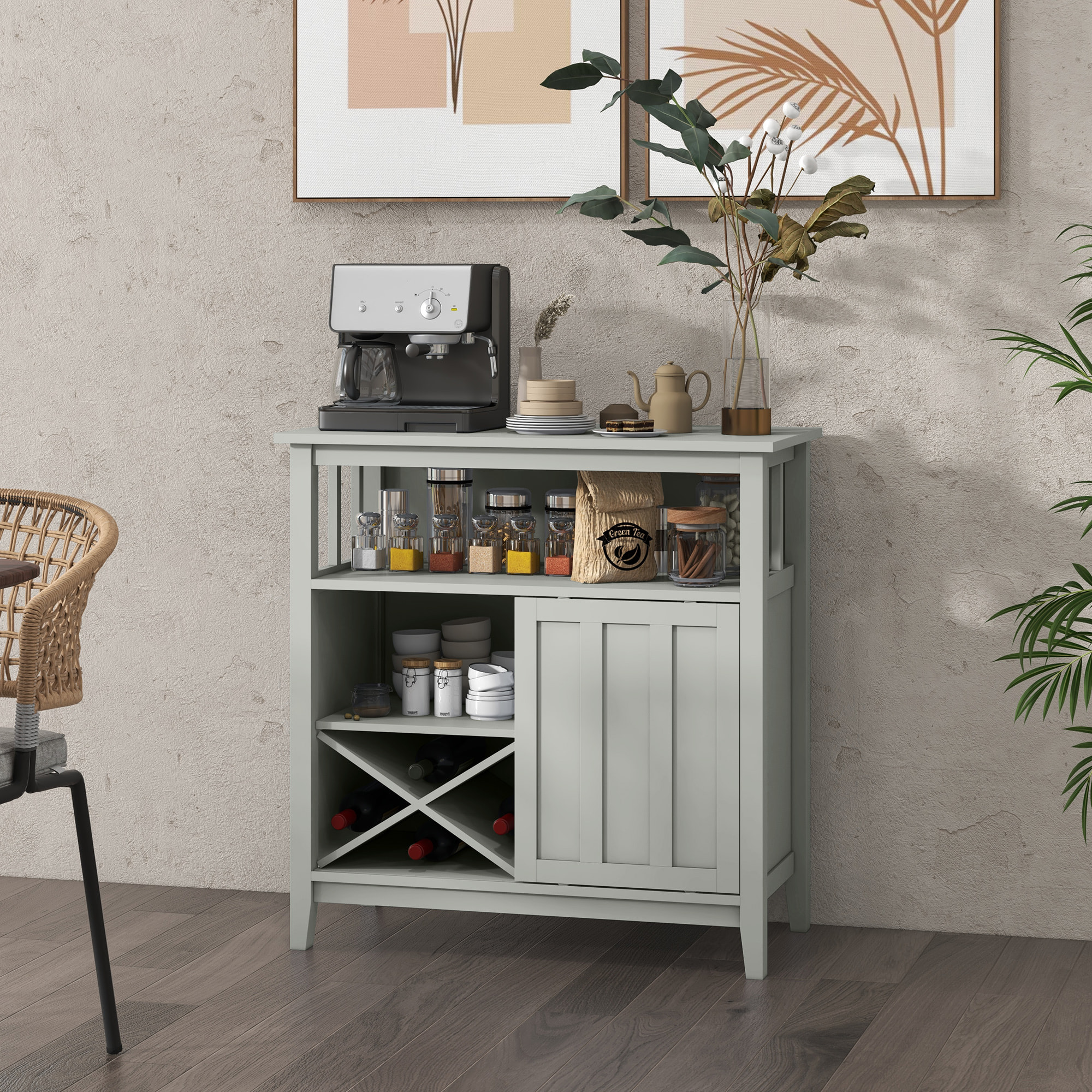 Buffet porte coulissante 2 étagères casier à bouteilles niche MDF gris clair