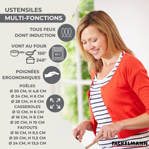 Batterie de cuisine avec 3 poêles 20/24/28 cm et 3 casseroles 12/16/20 cm avec 6 ustensiles de cuisine Fackelmann Généva Brillant Oxford