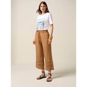 Oltre - Pantaloni in mussola con inserto in pizzo - Marrone