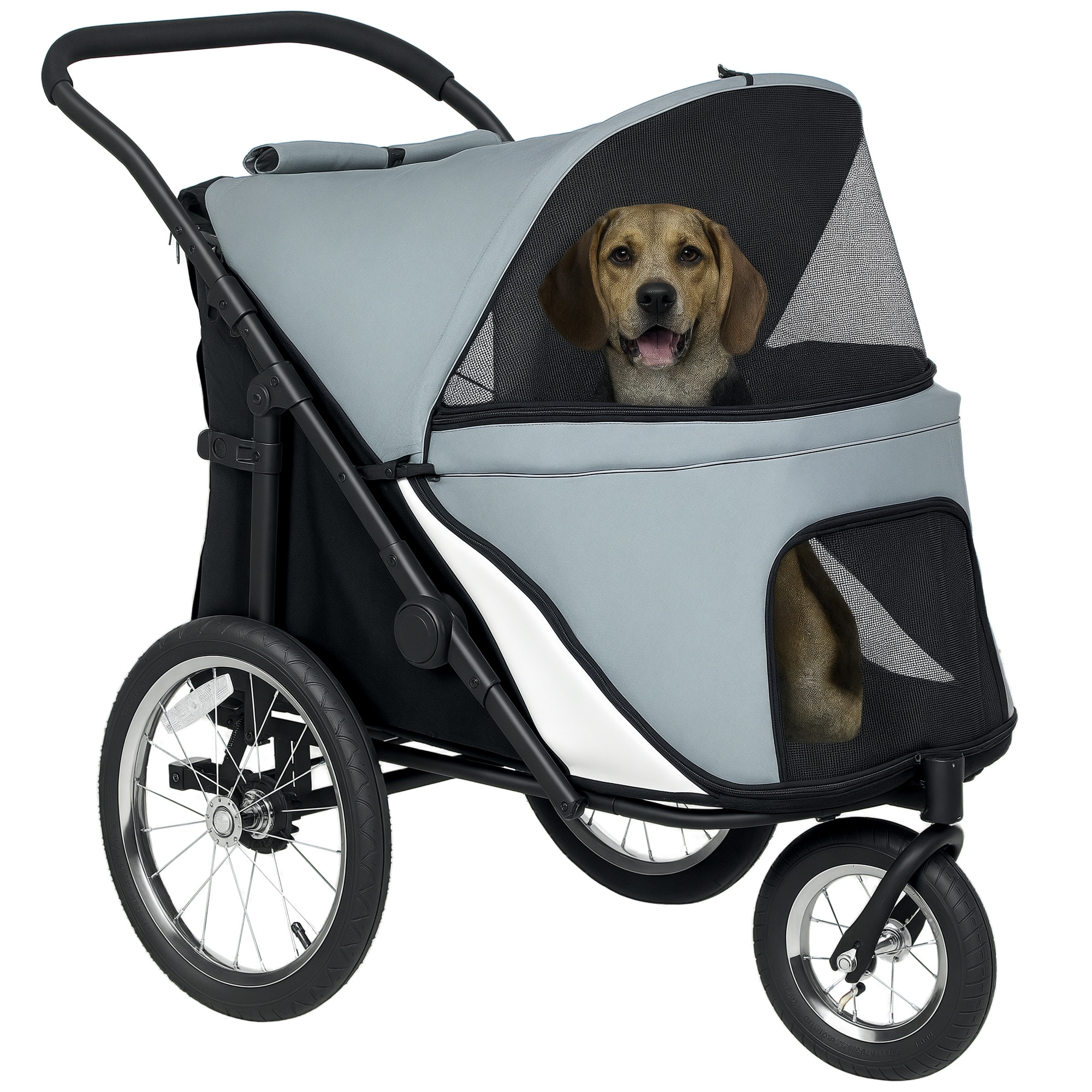 PawHut Carrito para Perros y Gatos Plegable, hasta 20 kg, Cochecito para Perros Medianos de 3 Ruedas de Goma y Frenos, con Cojín, Correa de Seguridad, Ventanas de Malla, Gris