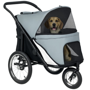 PawHut Carrito para Perros y Gatos Plegable, hasta 20 kg, Cochecito para Perros Medianos de 3 Ruedas de Goma y Frenos, con Cojín, Correa de Seguridad, Ventanas de Malla, Gris