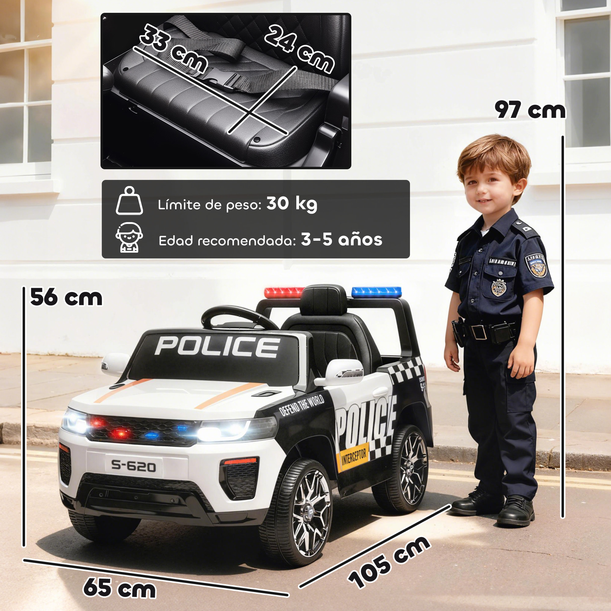 Coche Eléctrico para Niños de Policía, Coche de Batería 12V, con Motor Doble, Mando a Distancia 2,4 G, Suspensión en 4 Ruedas, Sirena, Faros LED, Puerto USB, Blutooth y Música, Blanco