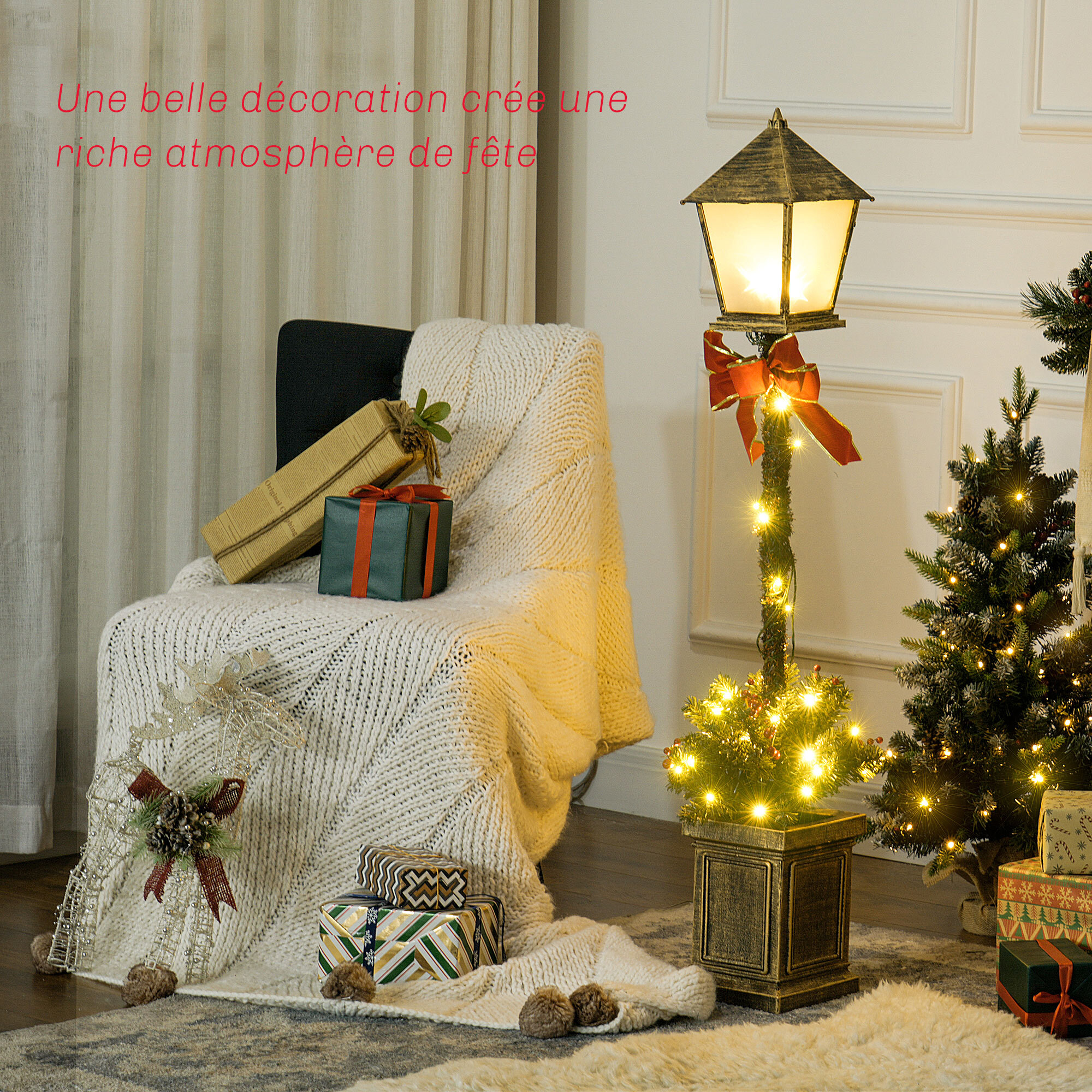 Lampadaire de Noël LED H.1,2 m style réverbère - décoration incluse - aspect bronze antique