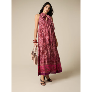 Oltre - Vestito lungo in tessuto fantasia con fiocco - Rosa