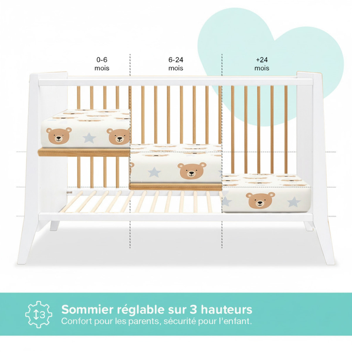 Lit Evolutif Timéo à barreaux 60 x 120 cm, Couleur Blanc & Bois, En Bois, 3 Hauteurs, Barreaux amovibles