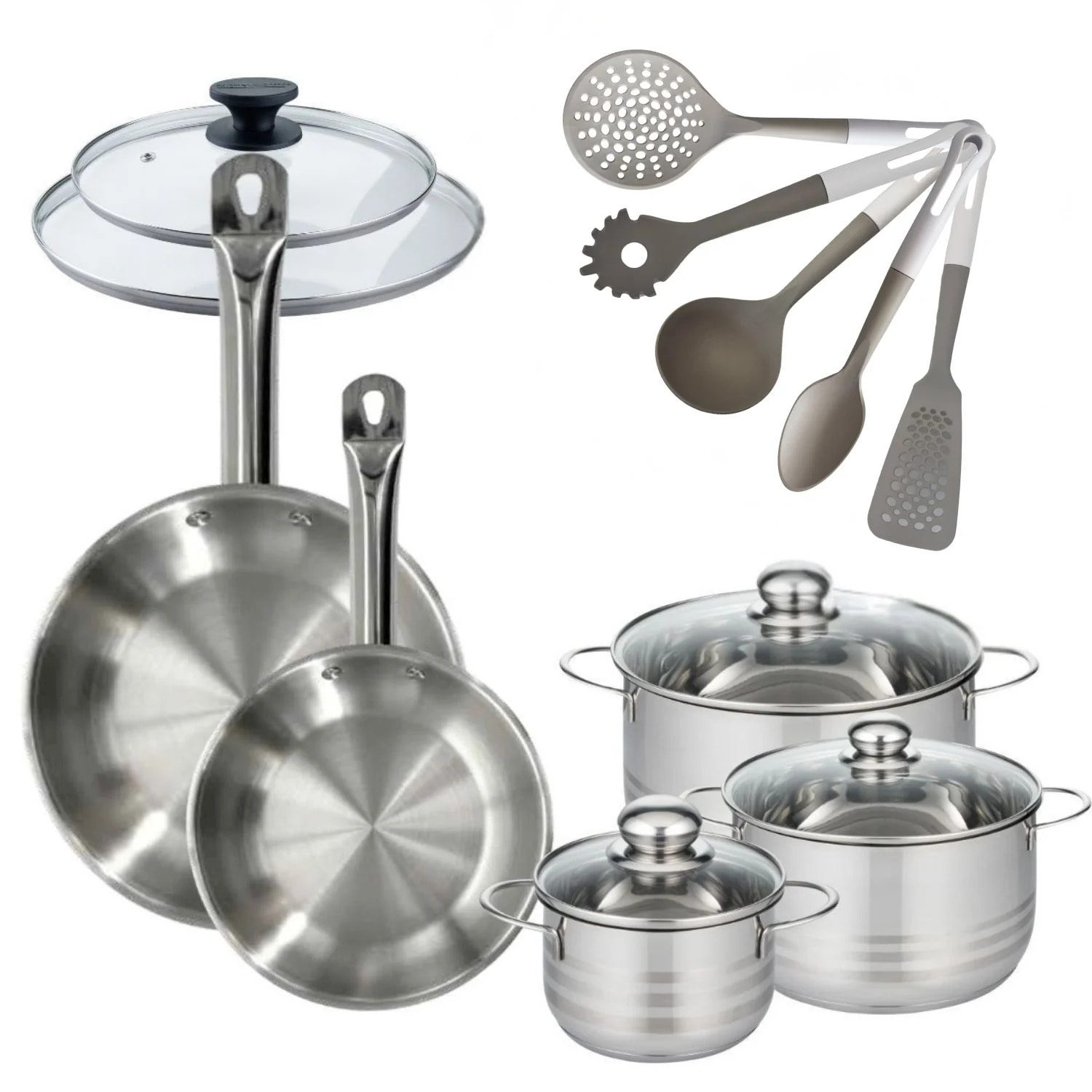 Lot 2 Poêles 24/28cm Fackelmann Eterna avec 3 Faitouts 16/20/24 cm et 5 ustensiles Fackelmann