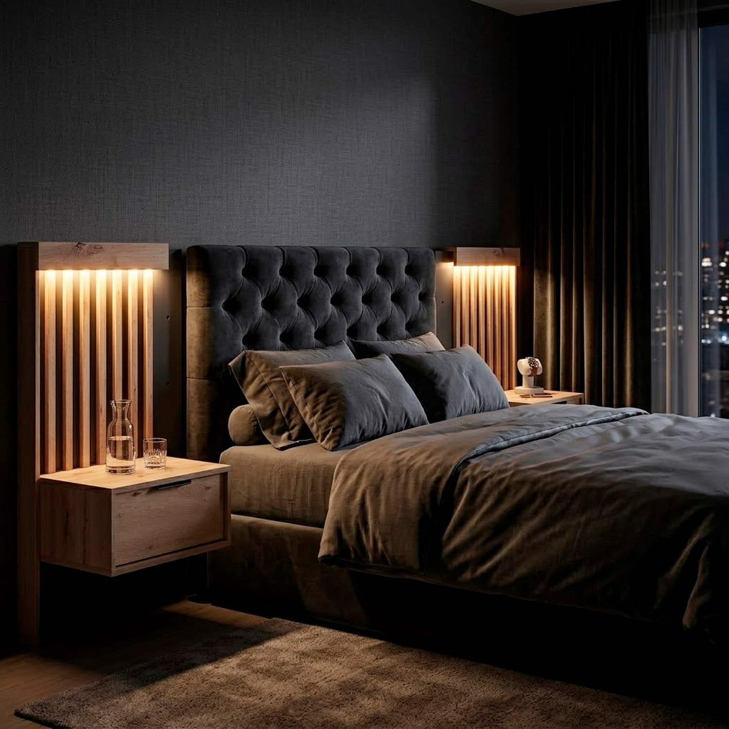 Set 2 Comodini Moderni Con Cassetto Comodino Camera Da Letto Design Salvaspazio In Laminato Resistente Florina 50 x 39,6 x 104 cm Rovere e Antracite