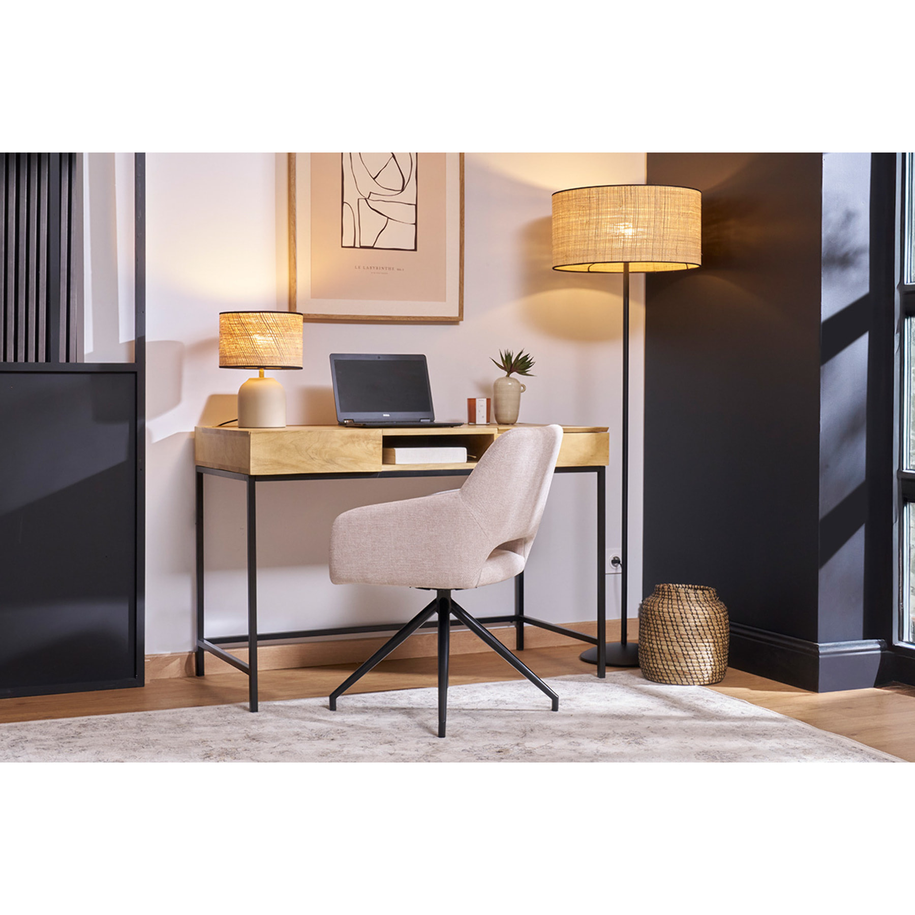 Chaise pivotante 360° en tissu velours côtelé vert kaki et métal noir LAURETTE