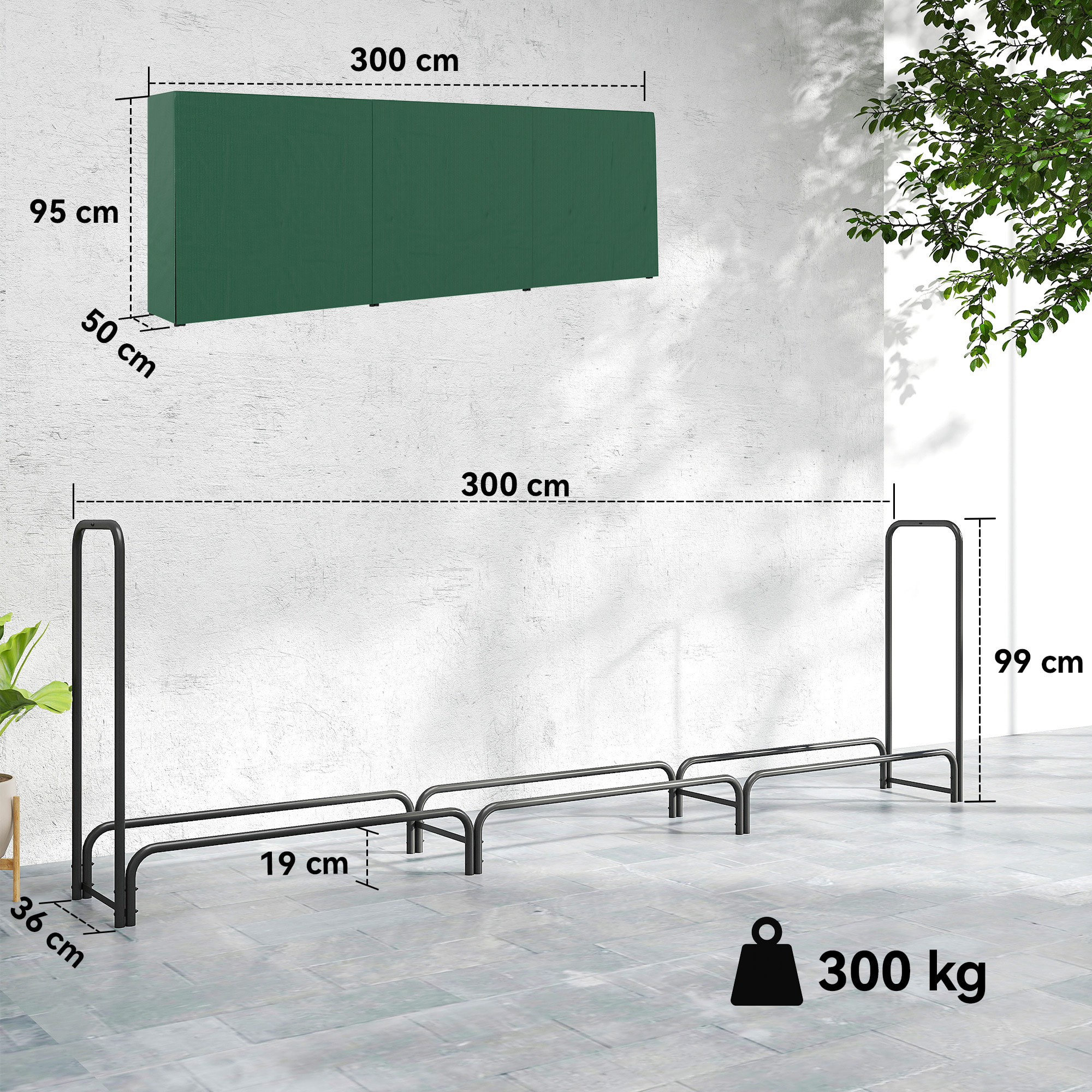Outsunny Estante de Leña con Funda de PE, Leñero Exterior Metálico Robusto, Longitud Ajustable, Carga 300 kg, para Interior y Exterior, Jardín, Terraza, 300x36x99 cm, Verde y Negro