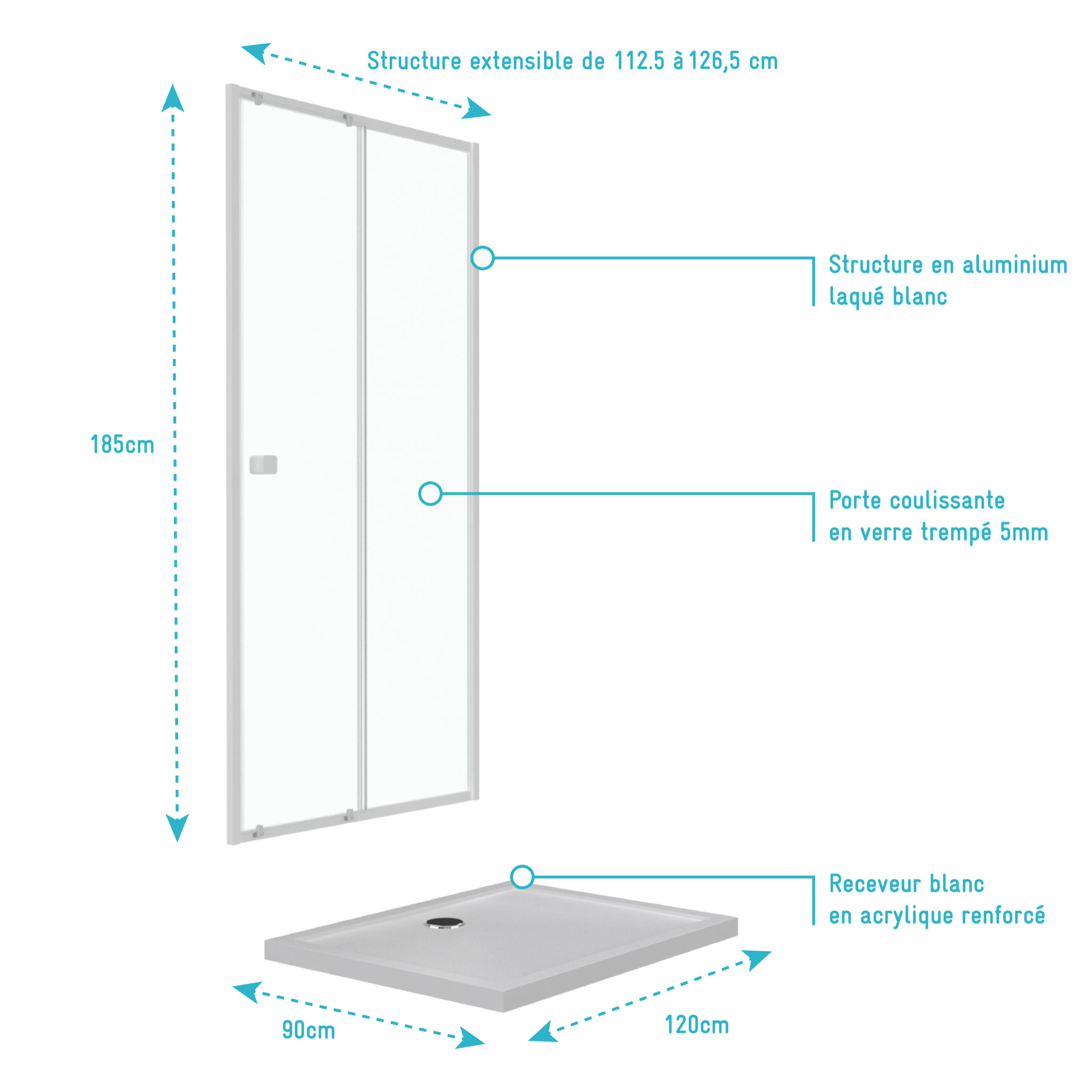 Pack porte de douche coulissante blanc 120x185cm + receveur 90x120 - WHITY SLIDE