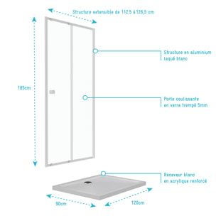 Pack porte de douche coulissante blanc 120x185cm + receveur 90x120 - WHITY SLIDE