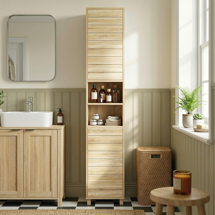 Armario de Baño Alto, Mueble Auxiliar de Baño Estrecho con Estantes Ajustables, Puertas de Lamas Apertura por Presión, Estantes Abiertos, para Espacios Pequeños, 34x23x170 cm, Natural