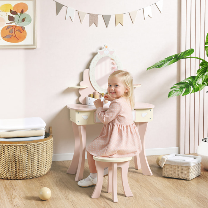 Tocador para Niñas, Tocador de Maquillaje Niñas, 2 en 1, Escritorio, con Taburete, Espejo, Cajón, 7 Accesorios, a Partir de 3 Años, Rosa