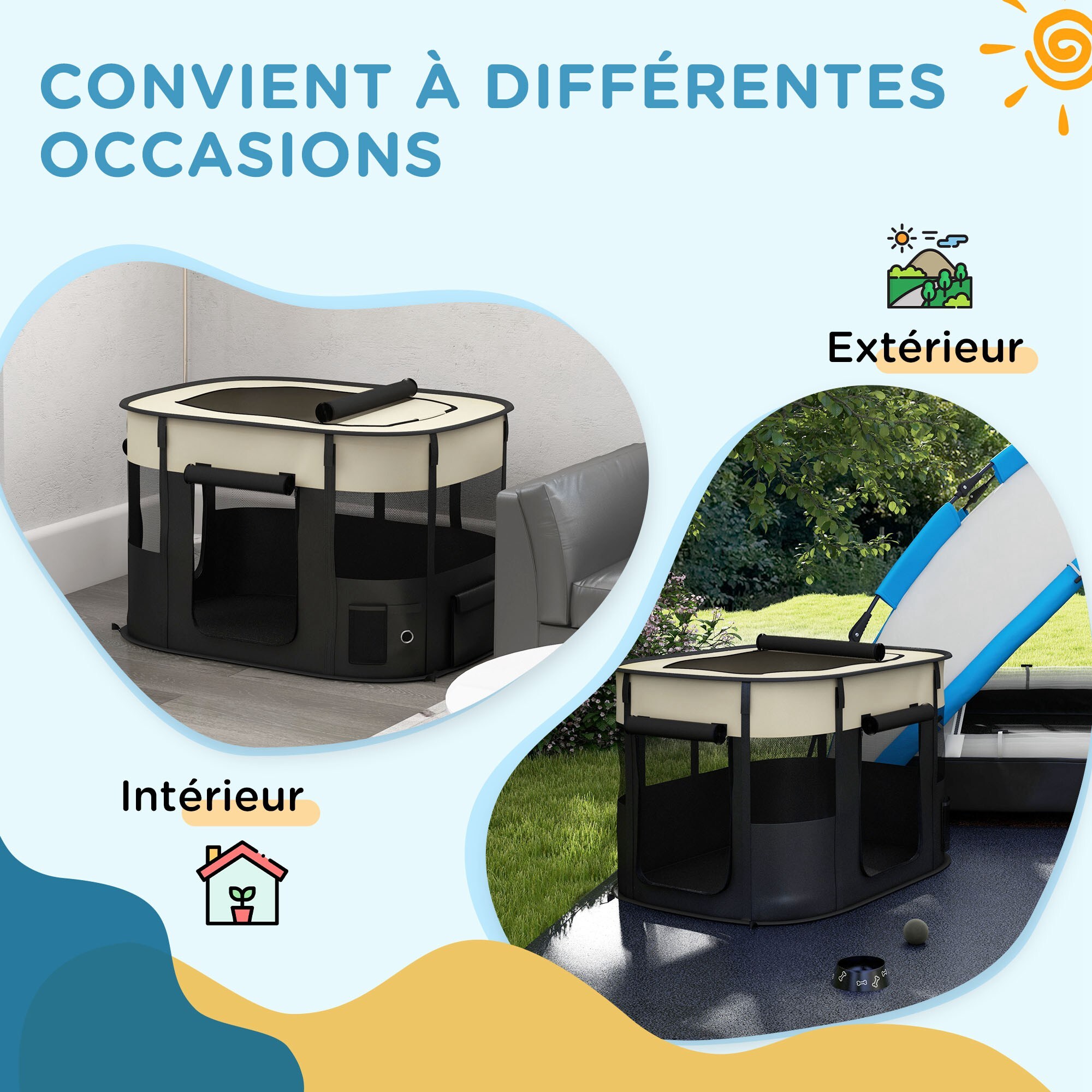 Parc pour chien pliable dim. 94L x 74l x 60H cm tissu Oxford crème noir