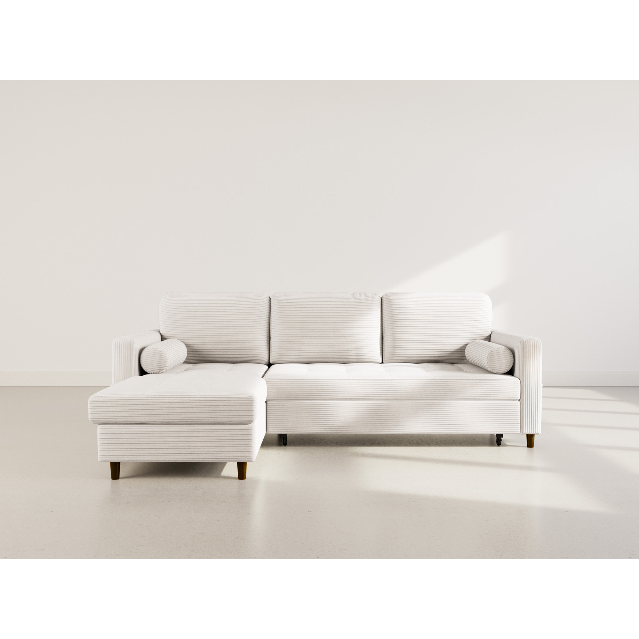 Marceau - Canapé d'angle réversible 4 places convertible avec coffre en velours côtelé - Beige