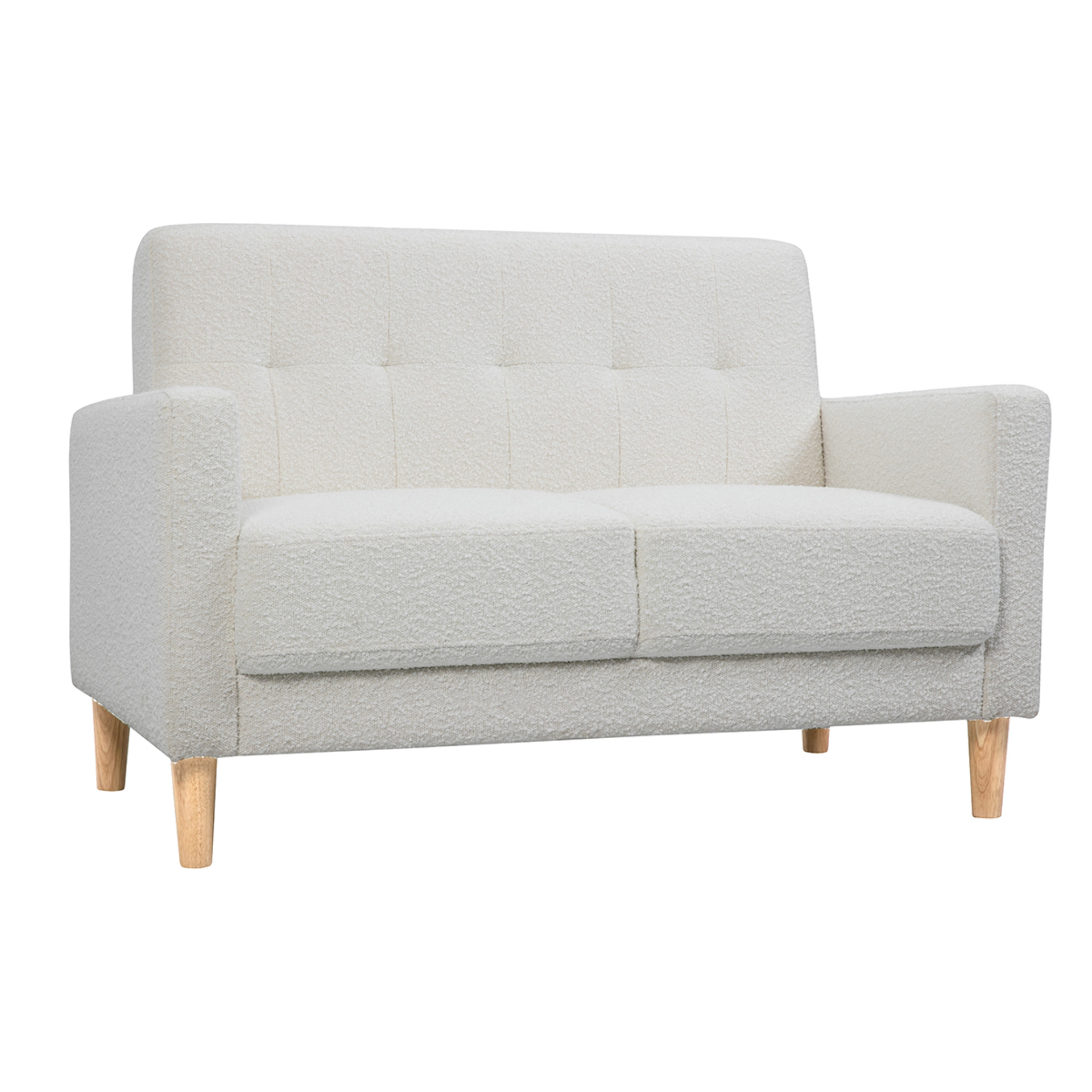 Canapé scandinave 2 places en tissu effet laine bouclée blanc et bois clair MOON