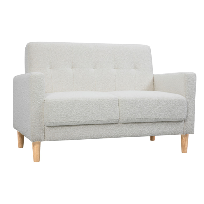 Canapé scandinave 2 places en tissu effet laine bouclée blanc et bois clair MOON