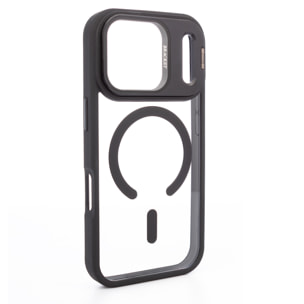 Custodia trasparente con copertura della fotocamera pieghevole che funge da supporto, bordi neri. MagSafe per iPhone 17 Pro.