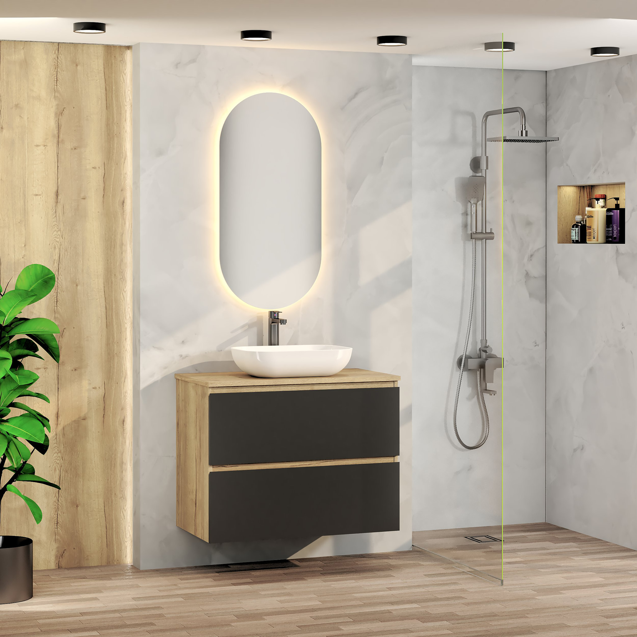 CONJUNTO DE BAÑO NIA | MUEBLE SUSPENDIDO | 80 CM NEGRO | DOS CAJONES | LAVABO SOBREPUESTO | NO INCLUYE ESPEJO | MUEBLE MONTADO| ALDAY