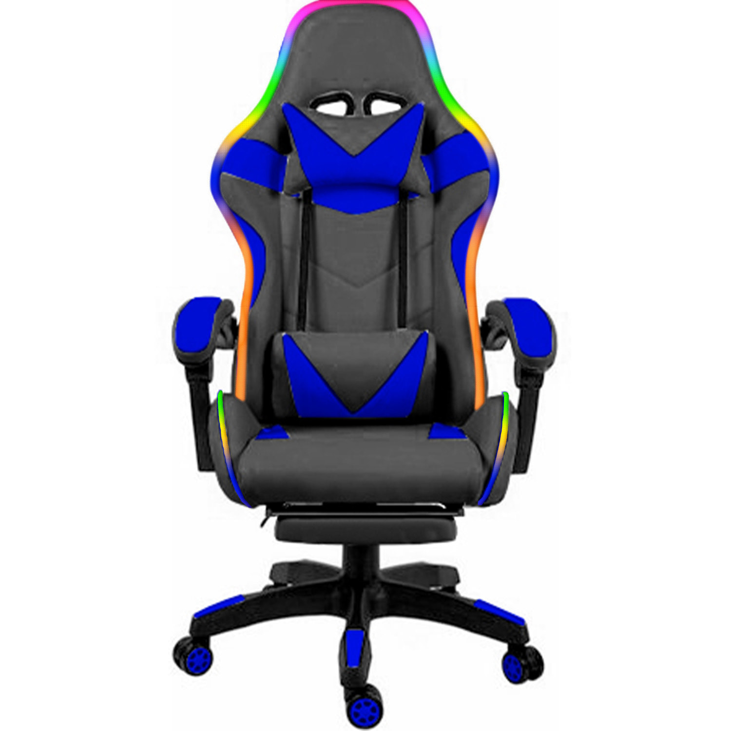 Sedia Gaming Con LED RGB Telecomando Poltrona Ufficio Scrivania Casa PC Racing Girevole Ergonomica Ecopelle Cuscino Lombare Poggiapiedi Nero Blu