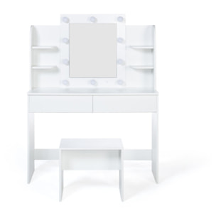 Coiffeuse Zita blanche double étagères, miroir LED et tabouret