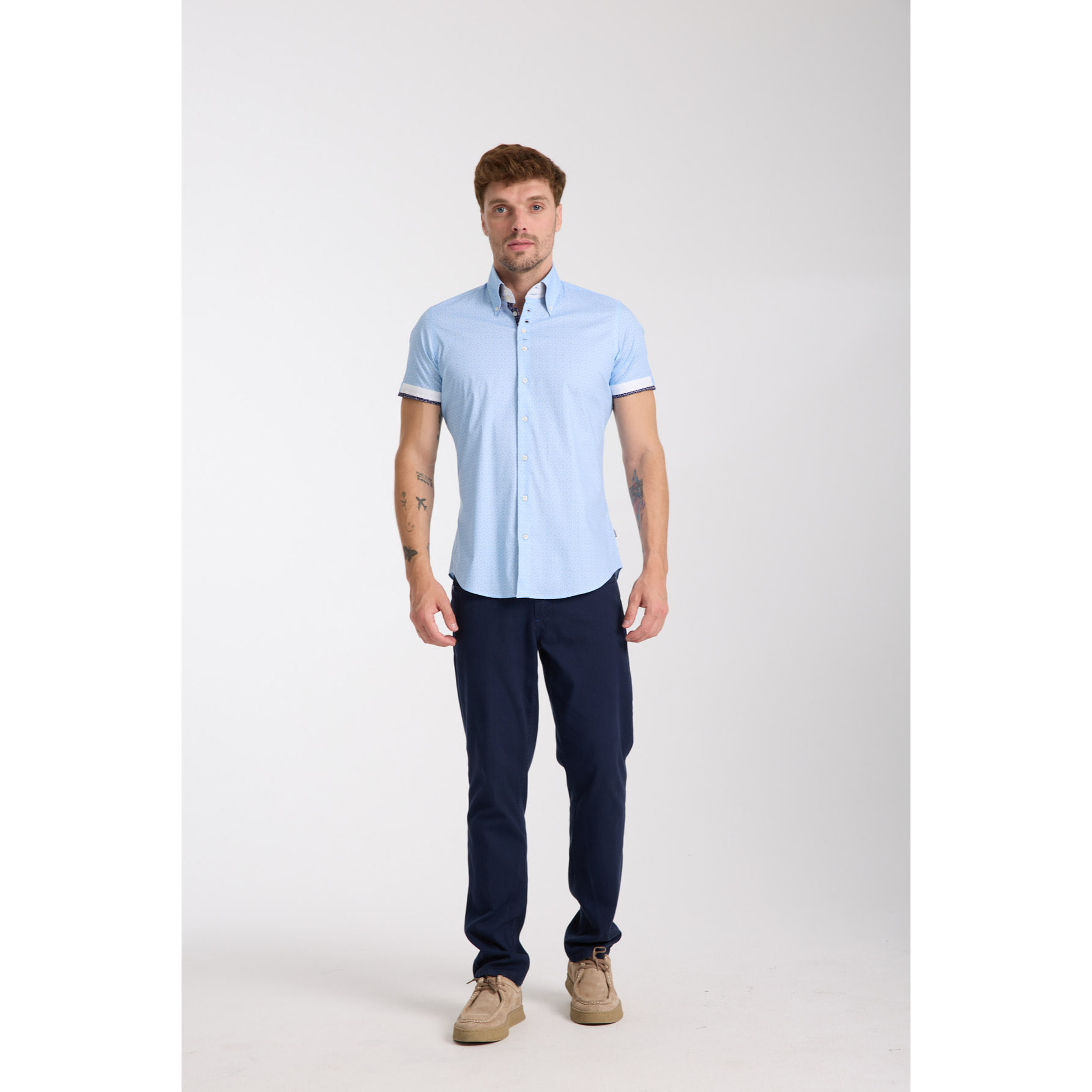 Camicia Uomo Manica Corta 2 Bottoni Button Down 7 Botto Popeline Stretch Stampato Celeste/Bianco