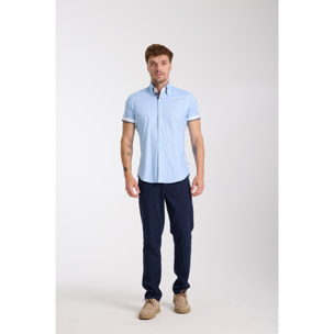 Camicia Uomo Manica Corta 2 Bottoni Button Down 7 Botto Popeline Stretch Stampato Celeste/Bianco
