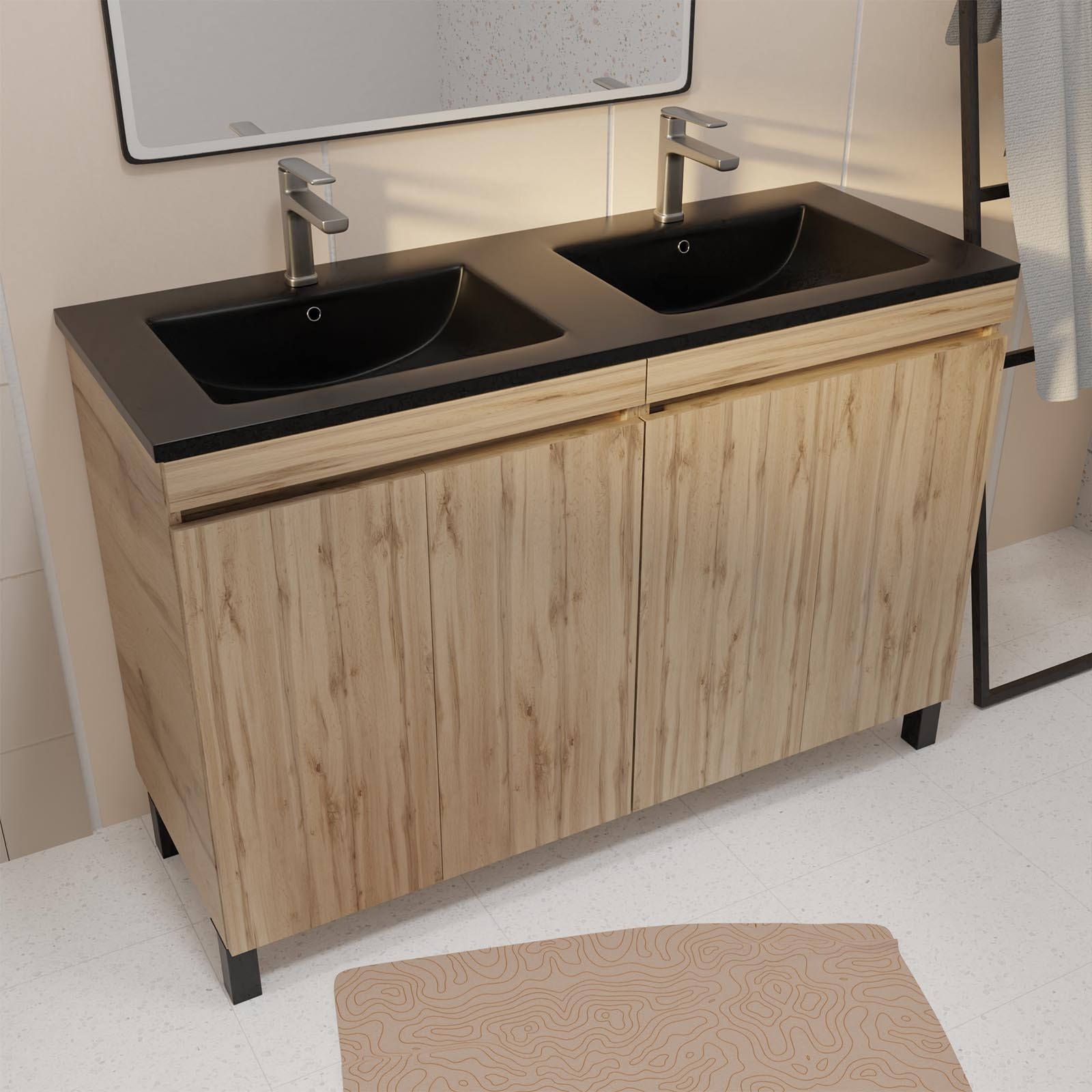 Meuble de salle de bains 120 cm 4 Portes Chêne Naturel + Vasque Double Céramique Noire - TIMBER