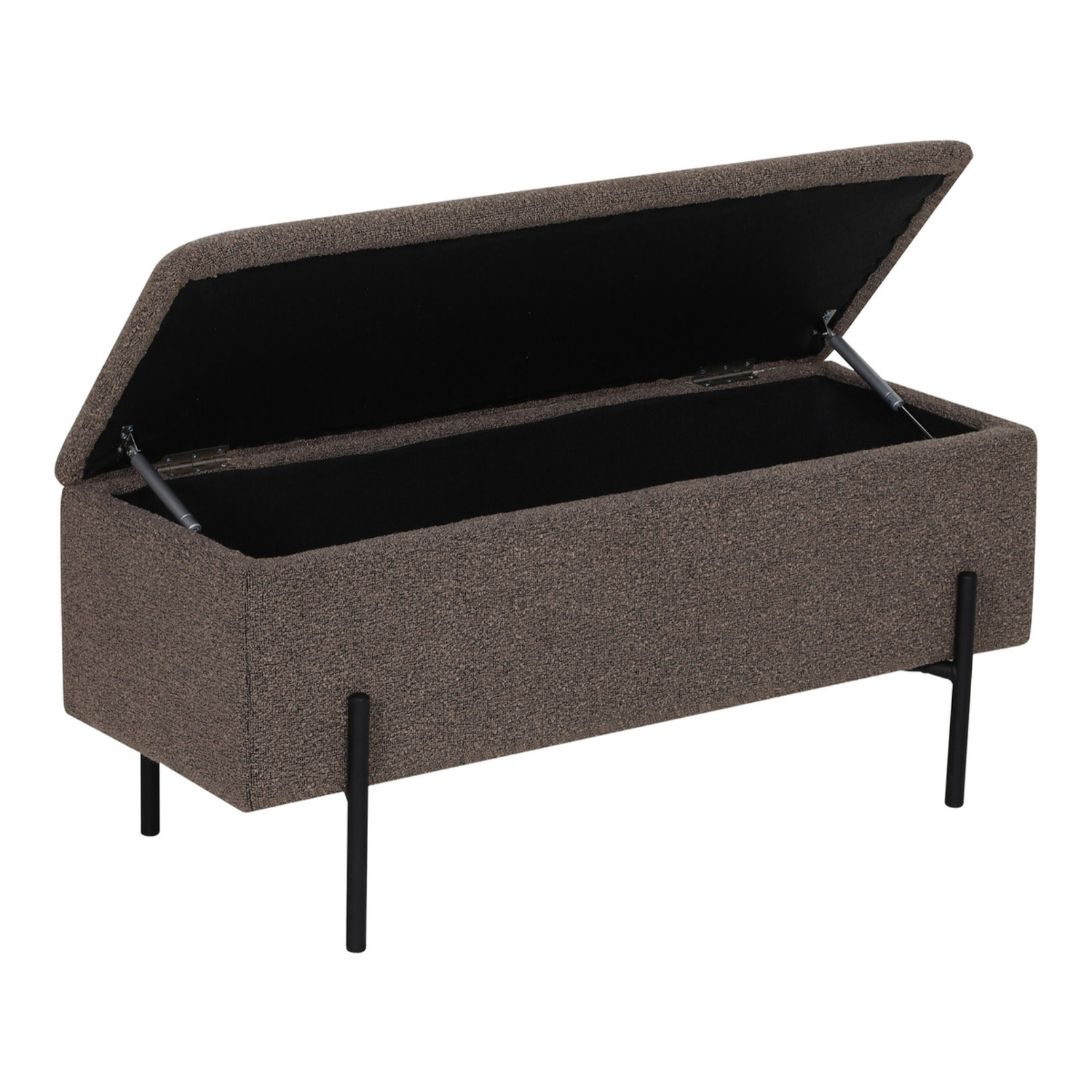 Watford - Panca contenitore in bouclé marrone con gambe in metallo nero 95x36,5x43 cm