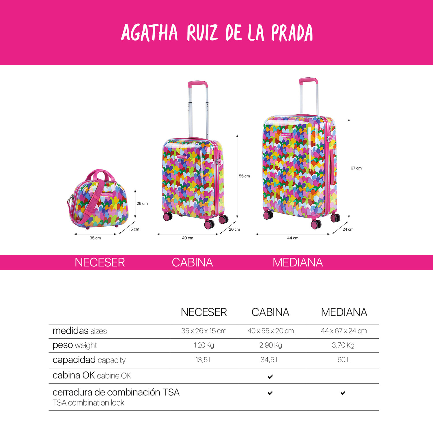 Juego De Maletas Pc Agatha Ruiz De La Prada Corazones Fucsiaes Fucsia