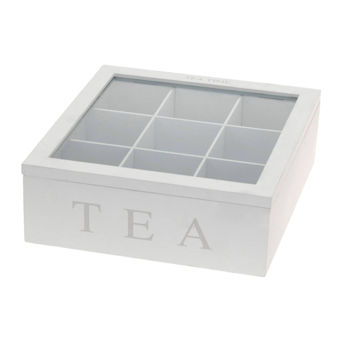 caja de té mdf con 9 compartimentos, 23x23x9cm, color blanco