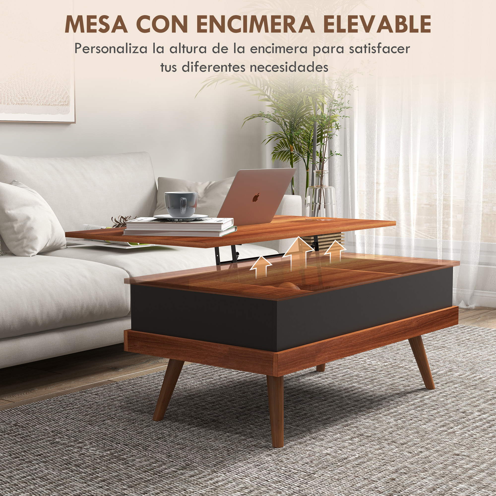 Mesa de Centro Elevable Mesita de Salón con 3 Compartimientos de Almacenaje Ocultos y Patas de Madera para Oficina Dormitorio 100x79x54 cm Marrón y Negro