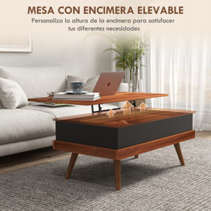 Mesa de Centro Elevable Mesita de Salón con 3 Compartimientos de Almacenaje Ocultos y Patas de Madera para Oficina Dormitorio 100x79x54 cm Marrón y Negro