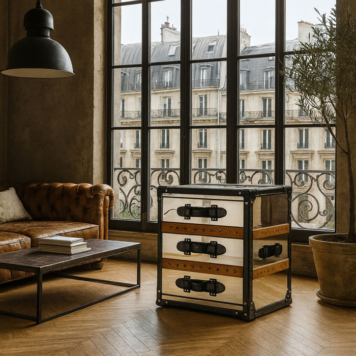 Meuble d'appoint 3 tiroirs en acier inoxydable et cuir