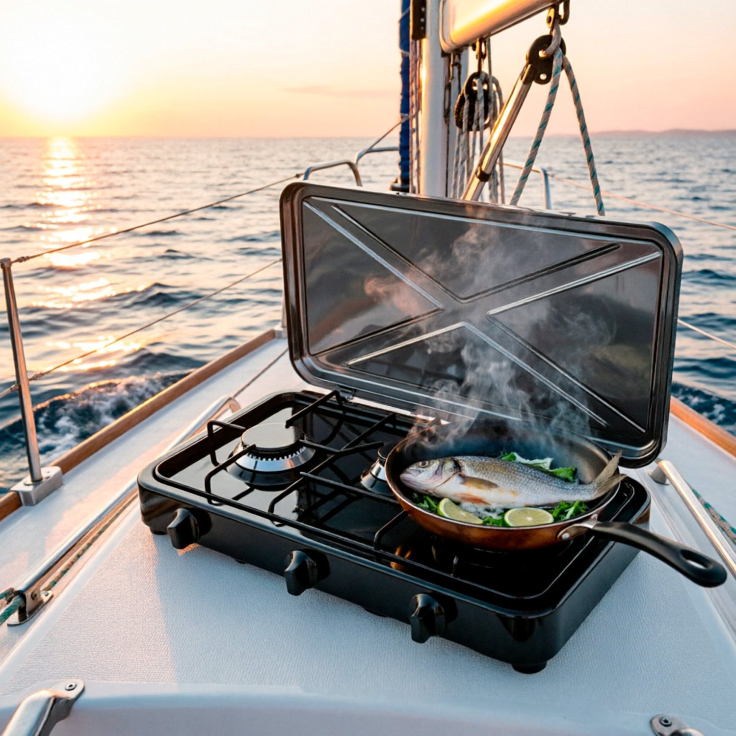 Fornello A Gas Portatile 2 Fuochi con Coperchio Piano Cottura Campeggio GPL Gas Naturale Fornello da Camping In Acciaio Con Griglie Smaltate